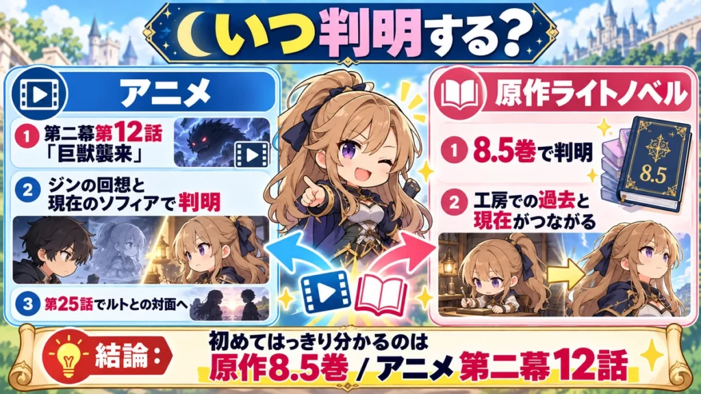 ミランダの正体がアニメ第二幕第12話と原作ライトノベル8.5巻で判明する経緯を比較した図